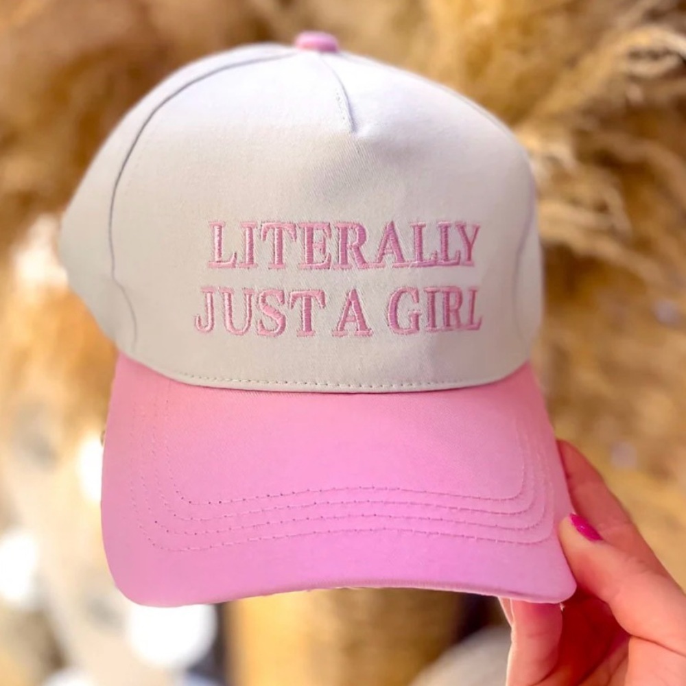 LITERALLY JUST A GIRL TWO TONE CANVAS TRUCKER CAP IIN PINK AND BEIGE NEW - Picture 4 of 7
